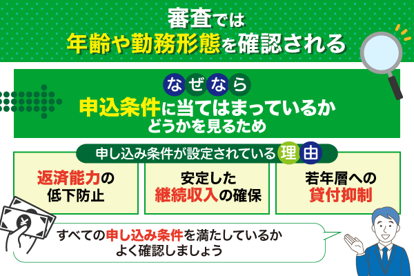 審査では過年齢や勤務形態を見ていることを解説した画像