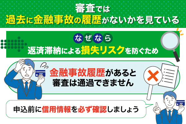 審査では過去に金融事故の履歴がないかについてを見ていることを解説した画像