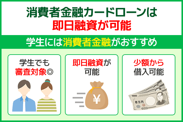 消費者金融カードローンは即日融資が可能なのでお金借りたい学生におすすめ