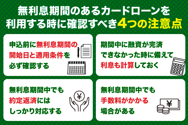 無利息期間があるカードローンを利用する時の注意点を表した列挙型図解