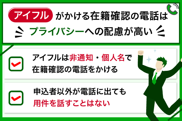 アイフルが在籍確認の電話をかける時はプライバシーに配慮することを図解している画像