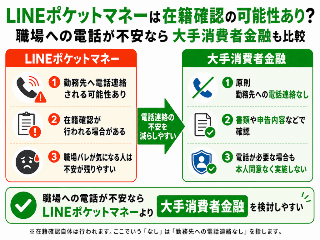 LINEポケットマネーと大手消費者金融の在籍確認の比較