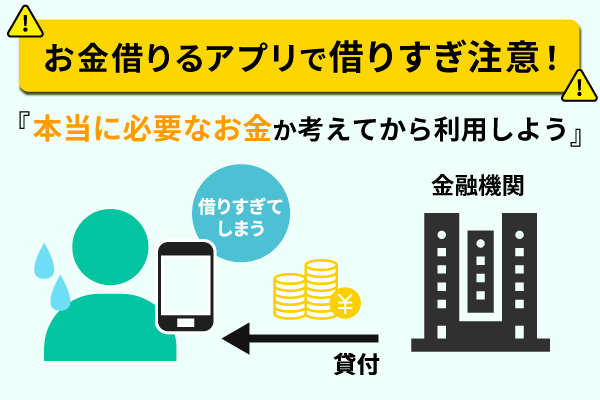 お金借りるアプリで借りすぎに注意を説明しているイラスト