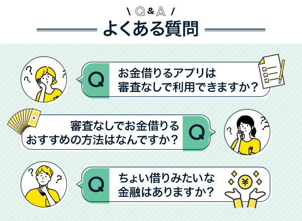 お金借りるアプリに関するよくある質問を紹介したイラスト