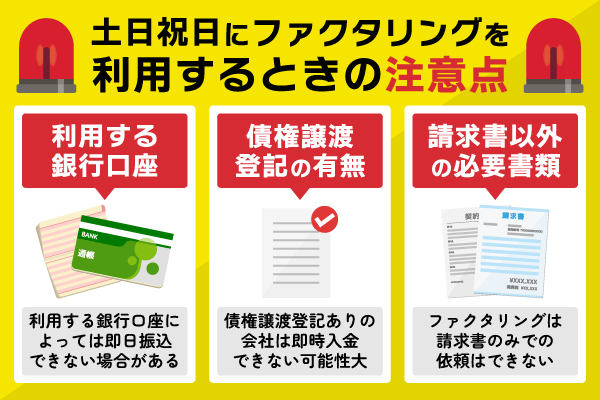 土日祝日にファクタリングを利用する時に確認してほしい注意点を解説している画像